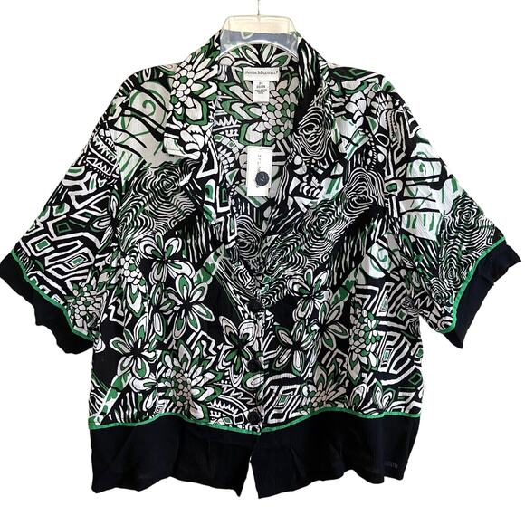 Anna Maxwell Crepon Jacket Topper Button Up Green Black White Size 2X - Picture 1 of 9